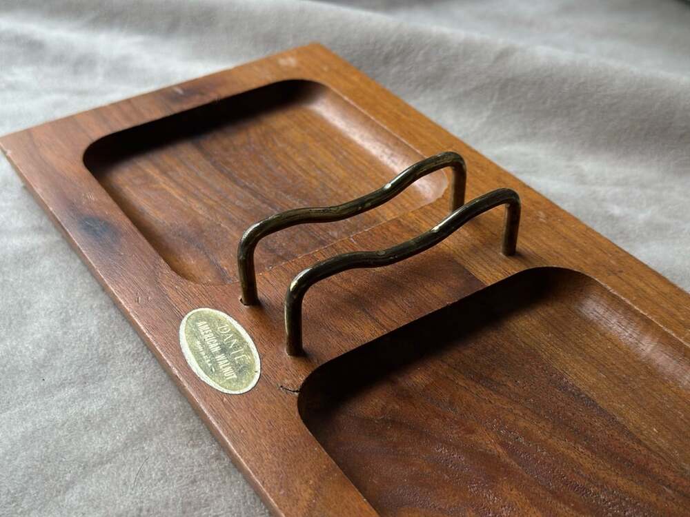 Dante American Walnut Valet Tray Desk Organizer Brass Letter Holder